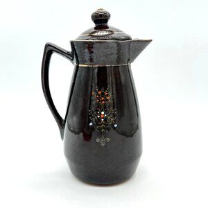Japanese Moriage Redware Coffee/Teapot With Floral Enamel, Glossy Brown Glaze